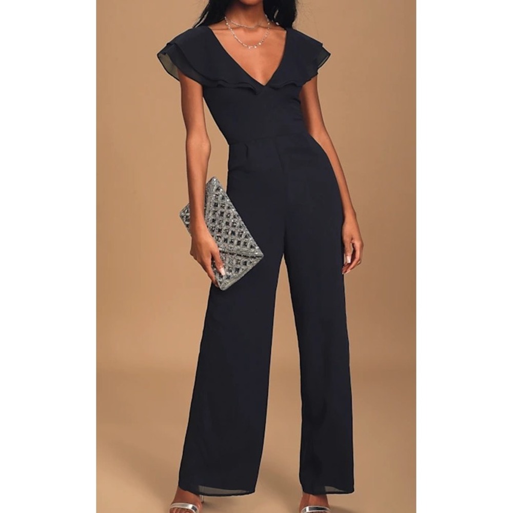 Lulus Making An Entrance Navy Blue Ruffled Wide-Leg Jumpsuit Size M Romantic
